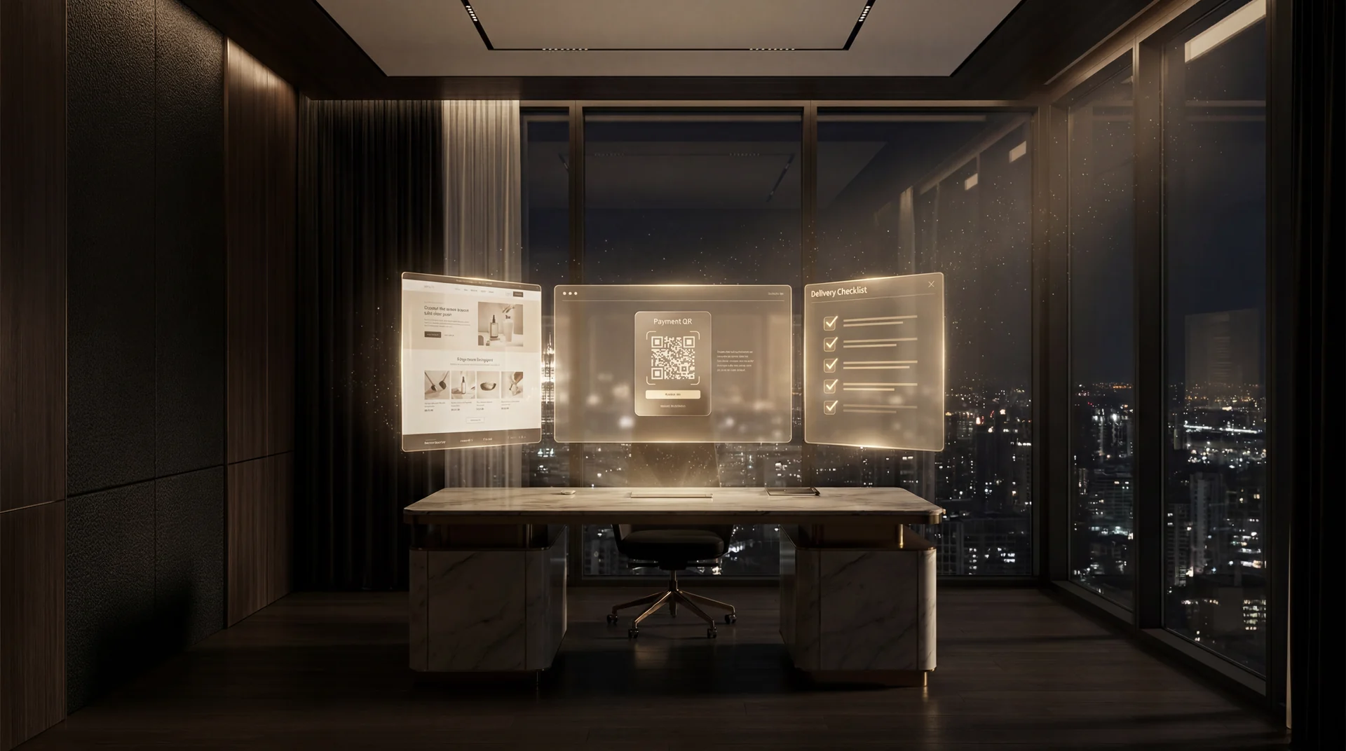 Your private launch studio: sales page, payment QR, and delivery checklist floating above one desk