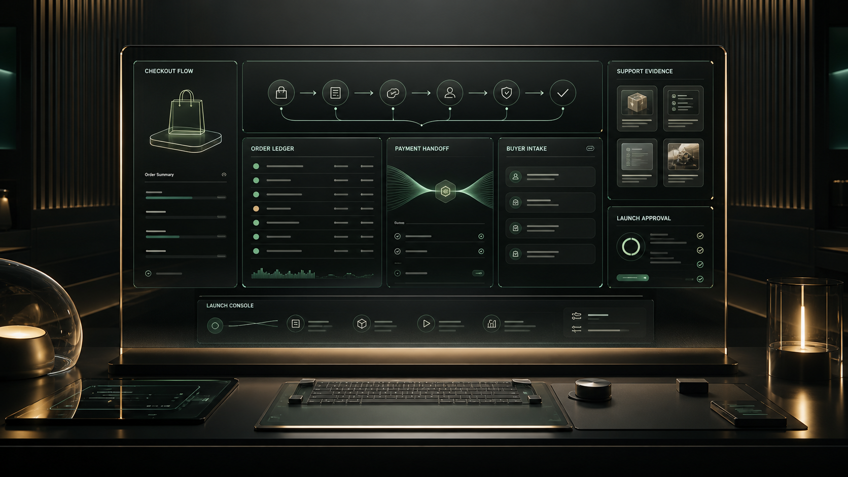 Premium AI commerce command center with checkout, order ledger, payment handoff, buyer intake, support evidence, and launch approval panels