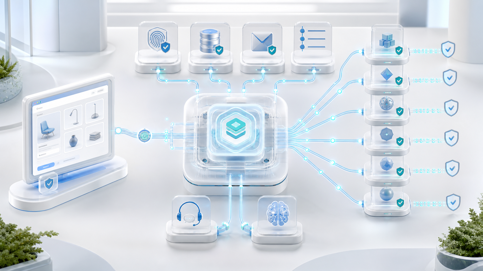 White 3D TJ payment gateway linking a storefront, server catalog, provider rails, callbacks, support, and audit