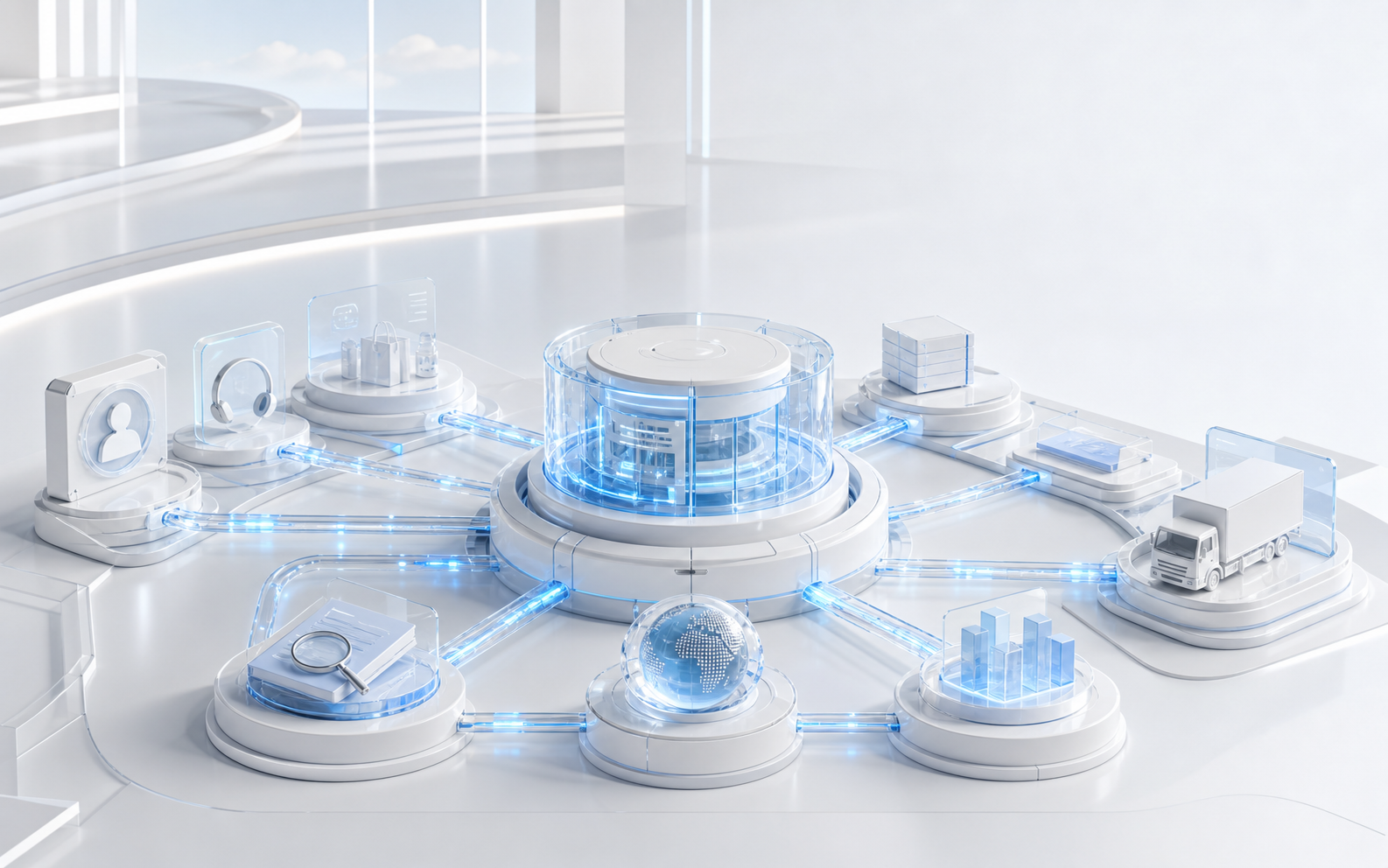 White spatial command center connecting identity, support, commerce, delivery, audit and growth systems